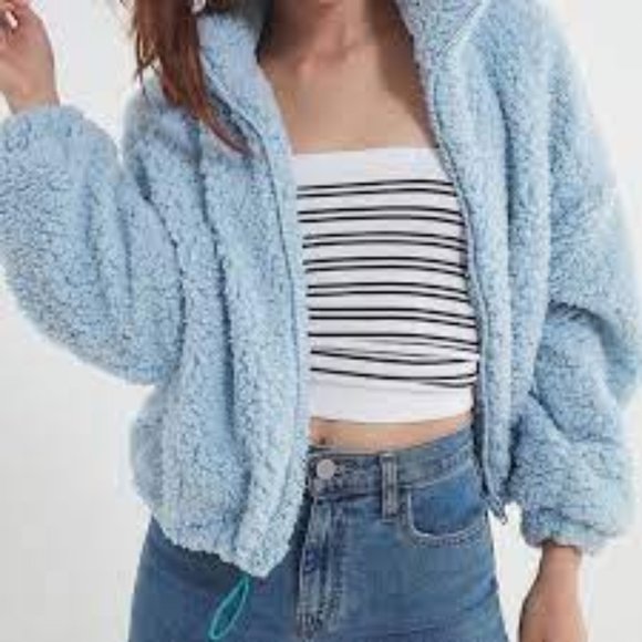 URBAN OUTFITTERS SKY BLUE DRAWSTRING TEDDY JACKET - Picture 2 of 5